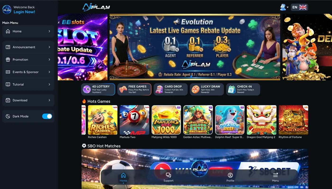 The AIPLAY lobby on desktop: featured promotions, hot games and the SBO match carousel