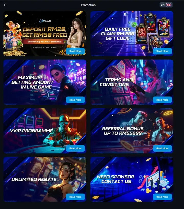 The Promotion page inside AIPLAY: eight tiles, among them Deposit RM20 Get RM50 Free, Daily Free Claim RM200 Gift Code, VVIP Programme, Referral Bonus up to RM55800 and Unlimited Rebate