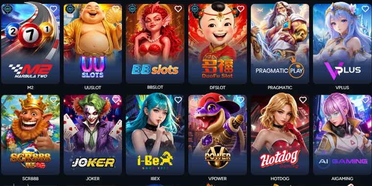 The Slots tab of the AIPLAY lobby: provider tiles for M2, UUSlot, BBslots, DuoFu, Pragmatic Play, VPlus, SCR888, Joker, iBex, VPower, Hotdog, AI Gaming, Pegasus, Lucky365, Playtech, JILI, JDB and Microgaming